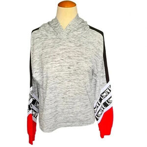 Love Sporty Stripe Heather Gray Hoodie Red and Black Sleeve Accents- Juniors Lg